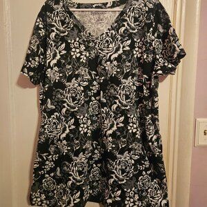 Roaman's  22/24 Ultimate V-Neck Tunic  Black & white Short-Sleeve